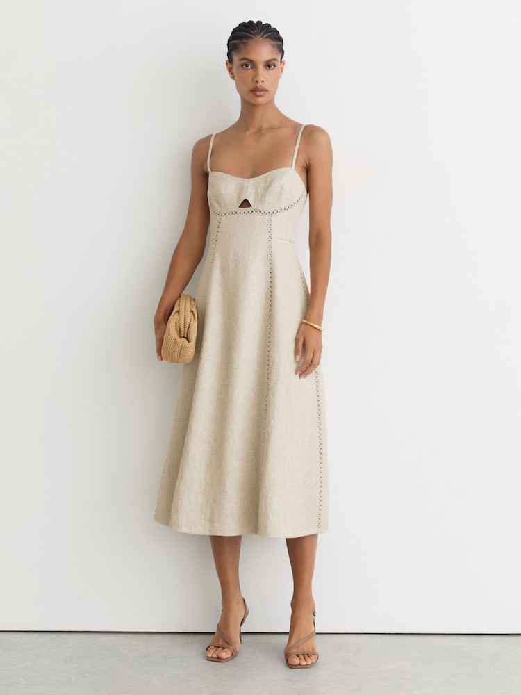 Reiss Neutral Sage Linen-Blend Fit-and-Flare Midi Dress - Image 1 of 6