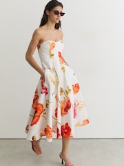 Reiss Cream/Red Penelope Cotton Floral Bustier Midi Dress with Stretch - Image 1 of 6