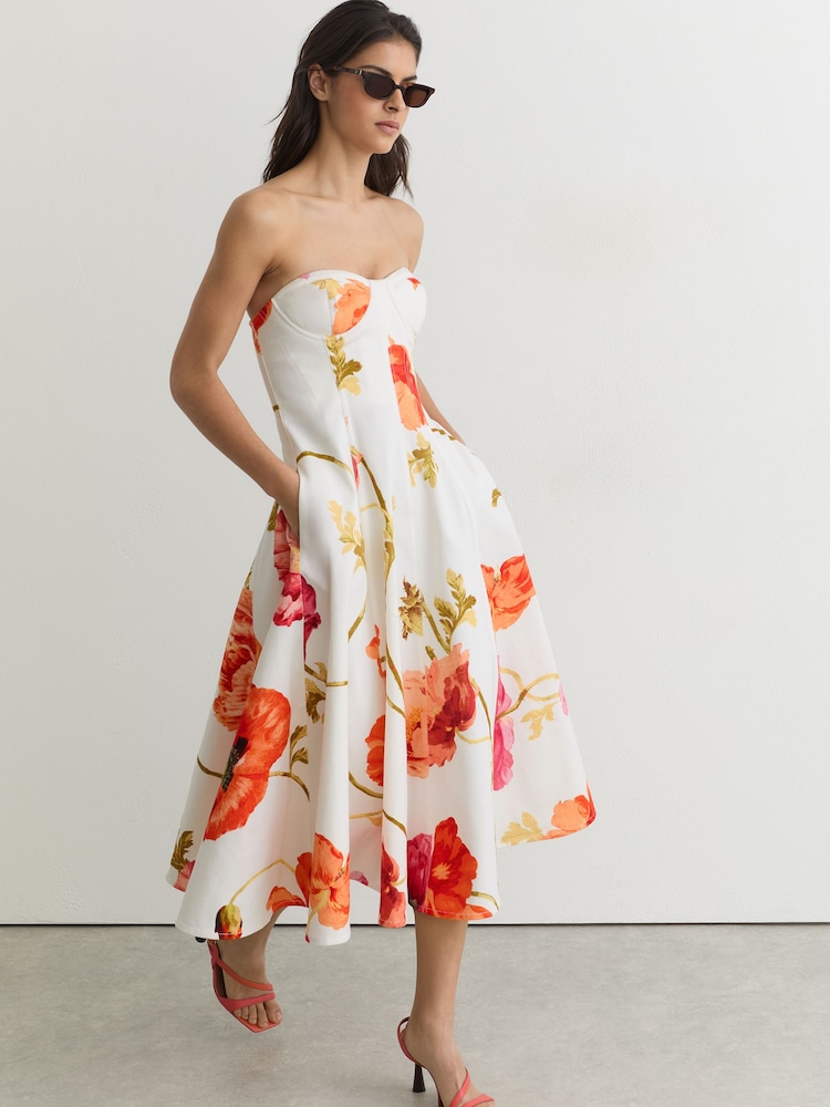 Reiss Cream/Red Penelope Cotton Floral Bustier Midi Dress with Stretch - Image 1 of 6
