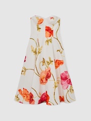 Reiss Cream/Red Penelope Cotton Floral Bustier Midi Dress with Stretch - Image 2 of 6