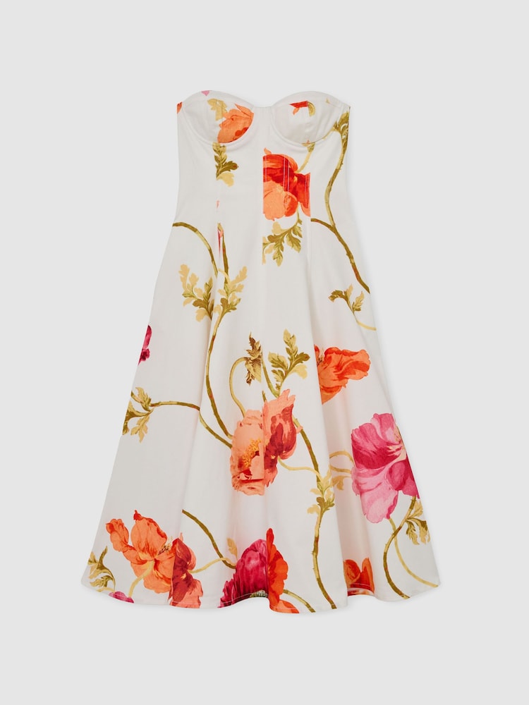 Reiss Cream/Red Penelope Cotton Floral Bustier Midi Dress with Stretch - Image 2 of 6