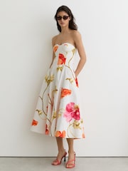 Reiss Cream/Red Penelope Cotton Floral Bustier Midi Dress with Stretch - Image 3 of 6