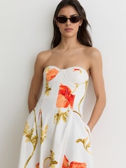 Reiss Cream/Red Penelope Cotton Floral Bustier Midi Dress with Stretch - Image 4 of 6