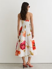 Reiss Cream/Red Penelope Cotton Floral Bustier Midi Dress with Stretch - Image 5 of 6