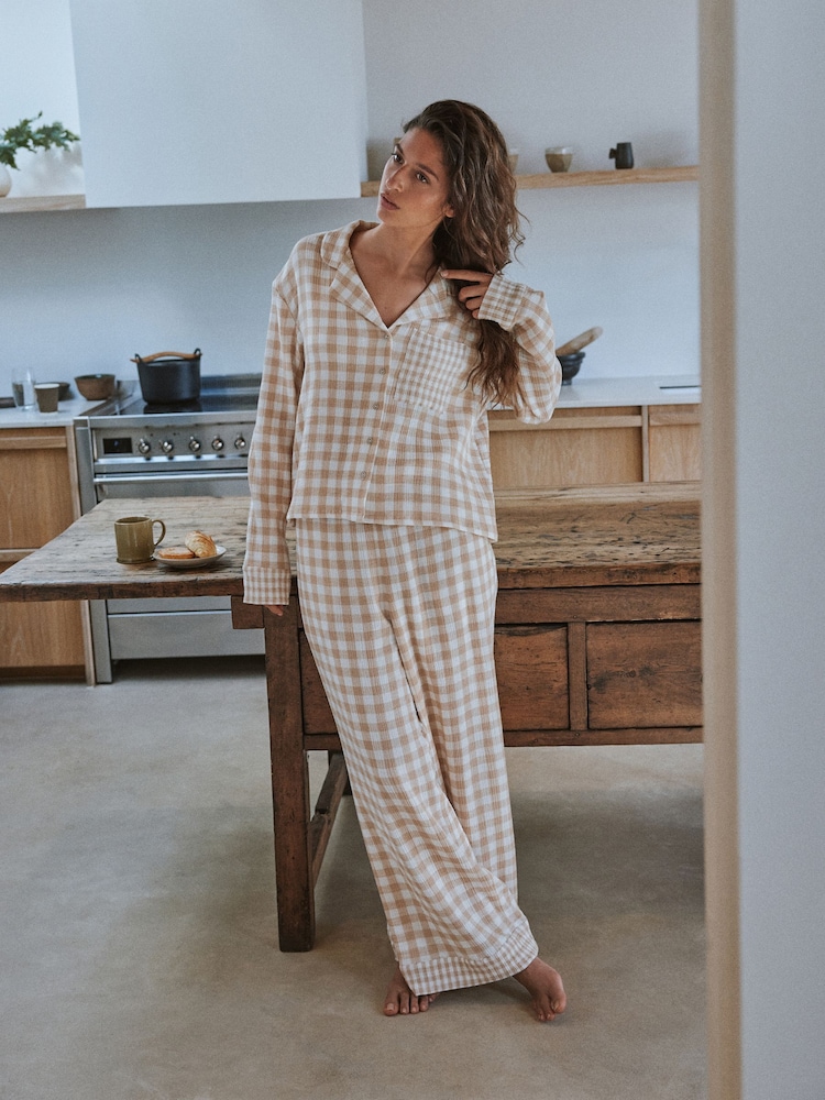 Yard Neutral Check Neutral Check Crinkle Cotton Long Pyjamas 2 Piece - Image 2 of 6 Yard Neutral Check Neutral Check Crinkle Cotton Long Pyjamas 2 Piece - Image 2 of 6