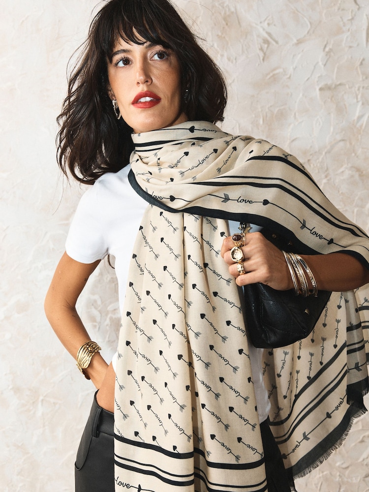 Rockett St George Black/Ecru Love Arrow Printed Lightweight Scarf - Image 2 of 7