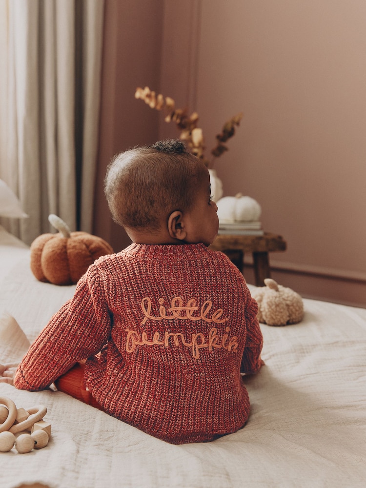 Orange Little Pumpkin Slogan Baby Cardigan - Image 1 of 9 Orange Little Pumpkin Slogan Baby Cardigan - Image 1 of 9