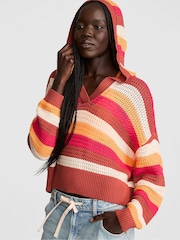Victoria's Secret Pink Orange/Pink Stripes Crochet Hoodie - Image 1 of 2