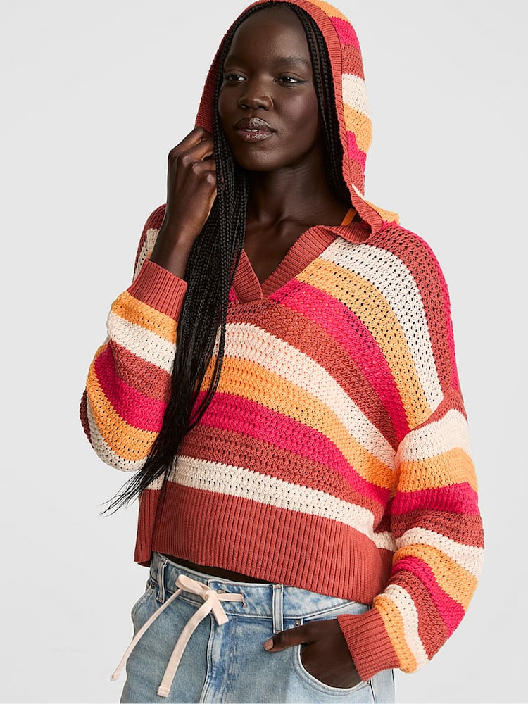 Victoria's Secret Pink Orange/Pink Stripes Crochet Hoodie - Image 1 of 2 Victoria's Secret Pink Orange/Pink Stripes Crochet Hoodie - Image 1 of 2