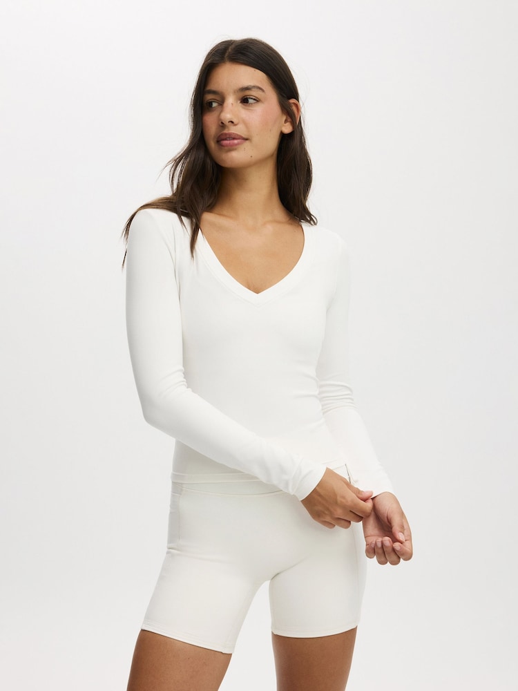 Cotton On Cream Ultra Soft Plunge Front Long Sleeve Top - Image 1 of 4 Cotton On Cream Ultra Soft Plunge Front Long Sleeve Top - Image 1 of 4