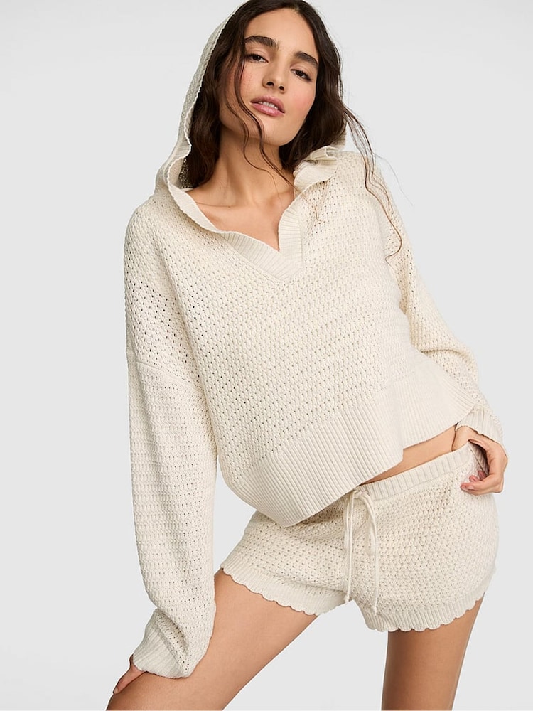 Victoria's Secret Pink Natural Heather White Crochet Hoodie - Image 1 of 2 Victoria's Secret Pink Natural Heather White Crochet Hoodie - Image 1 of 2