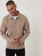 Threadbare Brown Quarter Zip Long Sleeve Polo Sweatshirt - Image 1 of 4