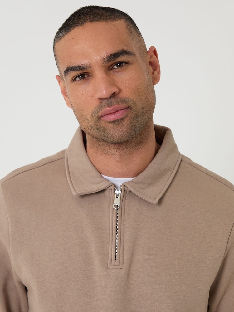 Threadbare Brown Quarter Zip Long Sleeve Polo Sweatshirt - Image 4 of 4