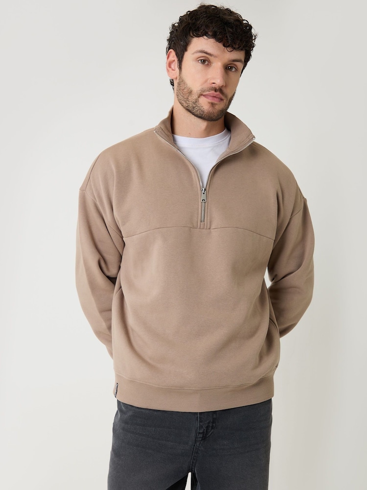 Threadbare Brown Relaxed Fit Half Zip Sweatshirt - Image 1 of 4