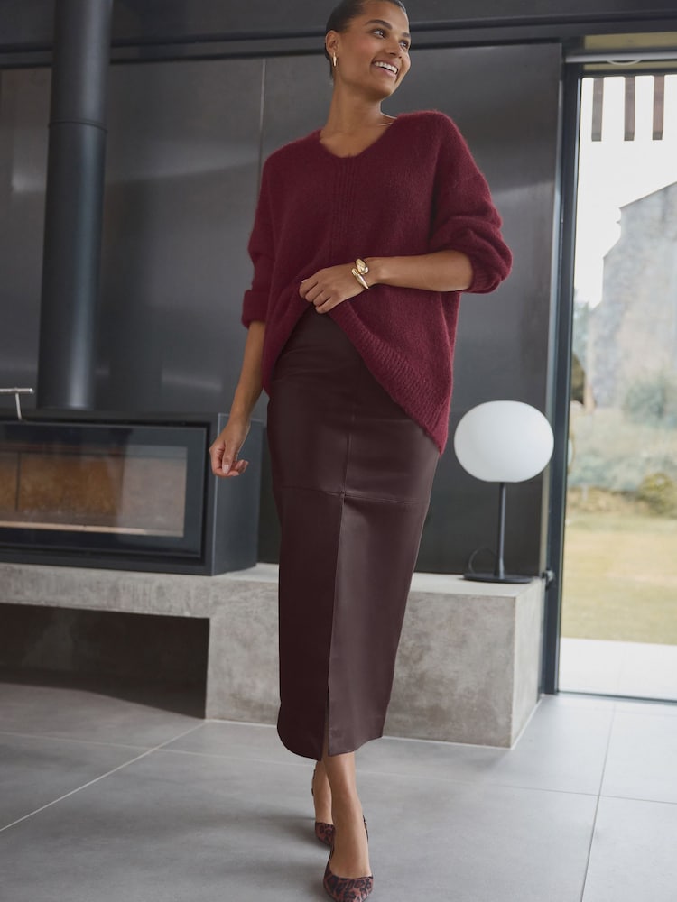 Berry Red N. Premium Genuine Leather Midi Skirt - Image 1 of 8