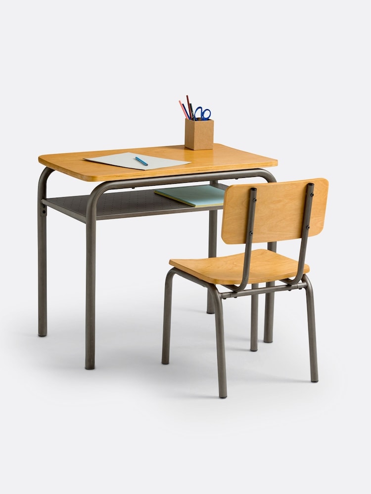 La Redoute Intérieurs Grey Wood Buton Vintage Metal School Desk and Chair - Image 4 of 4