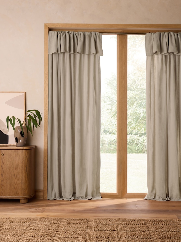 Natural Cotton Muslin Ruffle Top Fold Over Lined Curtain - Image 1 of 7 Natural Cotton Muslin Ruffle Top Fold Over Lined Curtain - Image 1 of 7