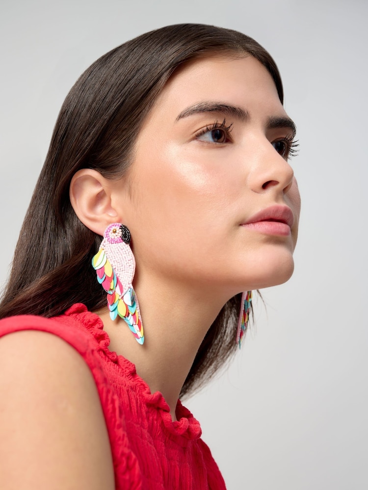 Aela Pink Beaded Parrot Earrings - Image 1 of 3