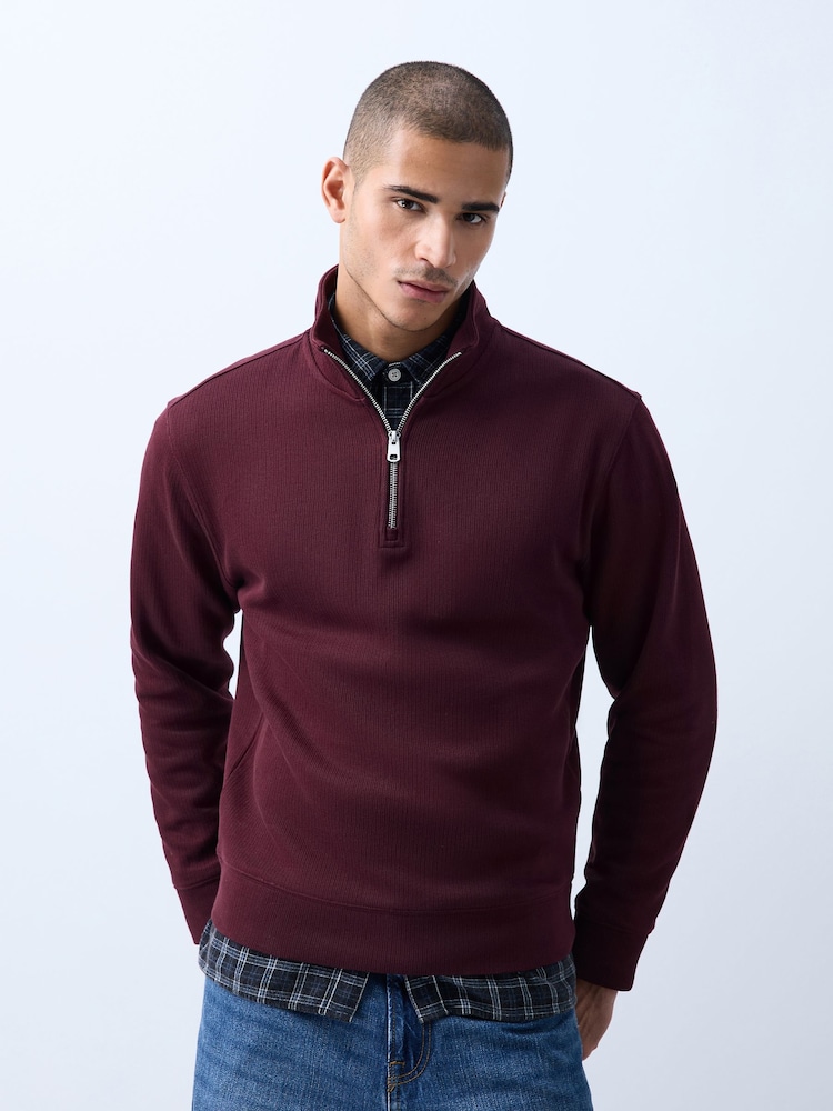 Burgundy Red N.Premium Smart Rib Textured Quarter Zip Sweat Top - Image 1 of 4