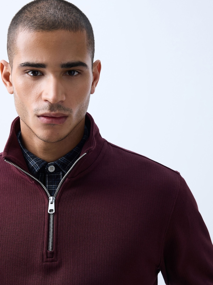 Burgundy Red N.Premium Smart Rib Textured Quarter Zip Sweat Top - Image 4 of 4