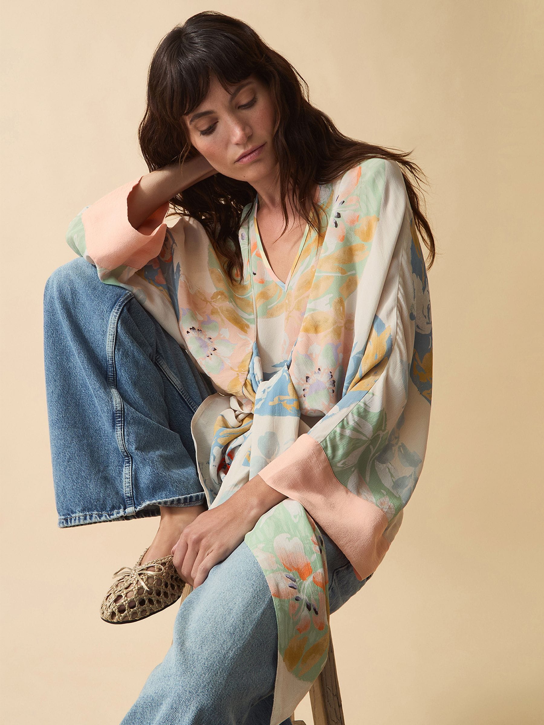 Buy Monsoon Cream Clemence Amelie Tie Front Floral Top from the