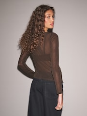 Chocolate Brown Long Sleeved Mesh Slash Neck Top - Image 3 of 6
