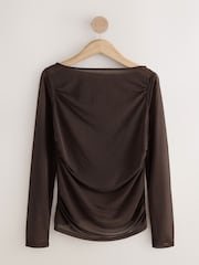 Chocolate Brown Long Sleeved Mesh Slash Neck Top - Image 4 of 6