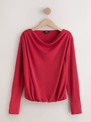 Red Long Sleeved Drape Bubblehem Top - Image 6 of 8