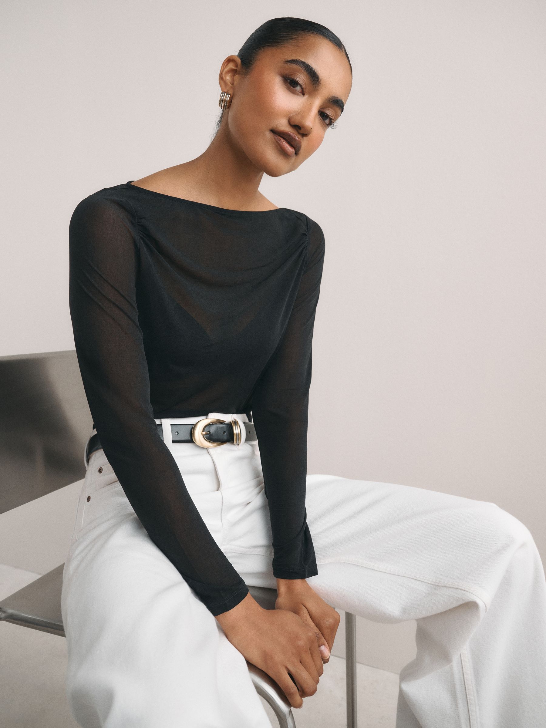 Buy Black Long Sleeved Mesh Slash Neck Top from Next USA