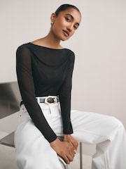 Black Long Sleeved Mesh Slash Neck Top - Image 1 of 8
