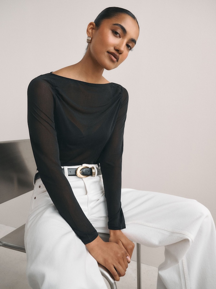 Black Long Sleeved Mesh Slash Neck Top - Image 1 of 8