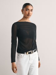 Black Long Sleeved Mesh Slash Neck Top - Image 2 of 8