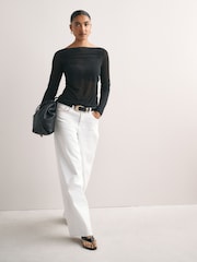 Black Long Sleeved Mesh Slash Neck Top - Image 3 of 8