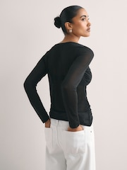 Black Long Sleeved Mesh Slash Neck Top - Image 4 of 8