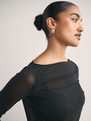 Black Long Sleeved Mesh Slash Neck Top - Image 5 of 8