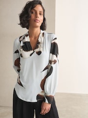 Blue Floral Print Long Sleeve V-Neck Blouse - Image 1 of 4
