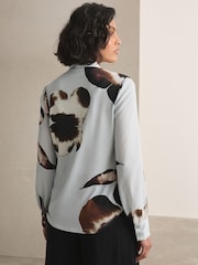 Blue Floral Print Long Sleeve V-Neck Blouse - Image 3 of 4