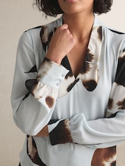 Blue Floral Print Long Sleeve V-Neck Blouse - Image 4 of 4