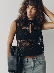 Black Sleeveless Keyhole Lace Bubblehem Top - Image 1 of 8