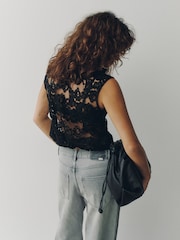 Black Sleeveless Keyhole Lace Bubblehem Top - Image 4 of 8