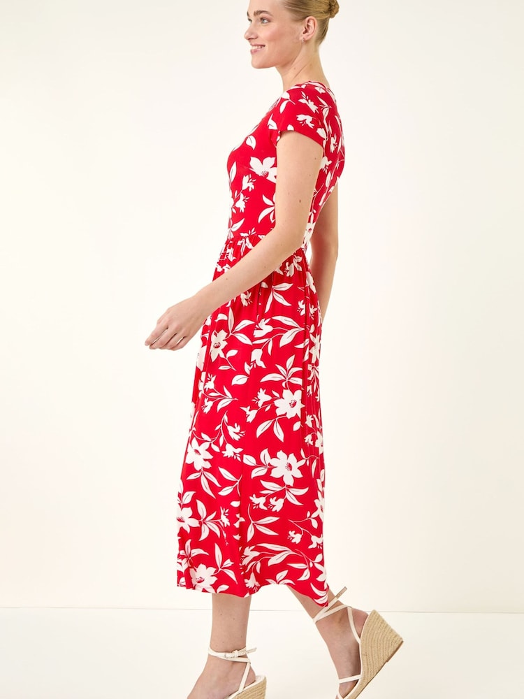 Roman Red Floral Print Pocket Midi Dress - Image 1 of 5