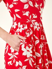 Roman Red Floral Print Pocket Midi Dress - Image 5 of 5