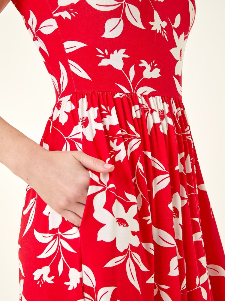 Roman Red Floral Print Pocket Midi Dress - Image 5 of 5