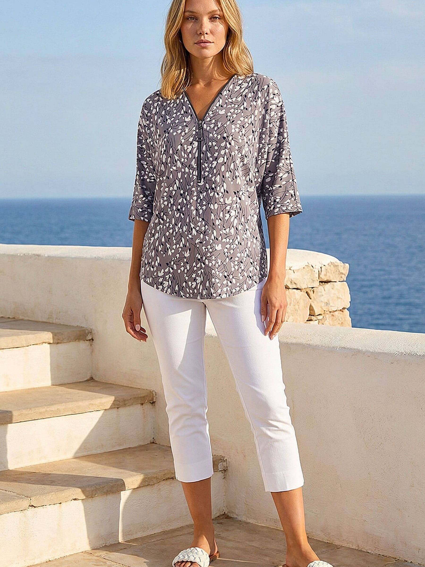 トップス NC Buy Roman Grey Printed Zip Front V-Neck Stretch Top from Next Romania
