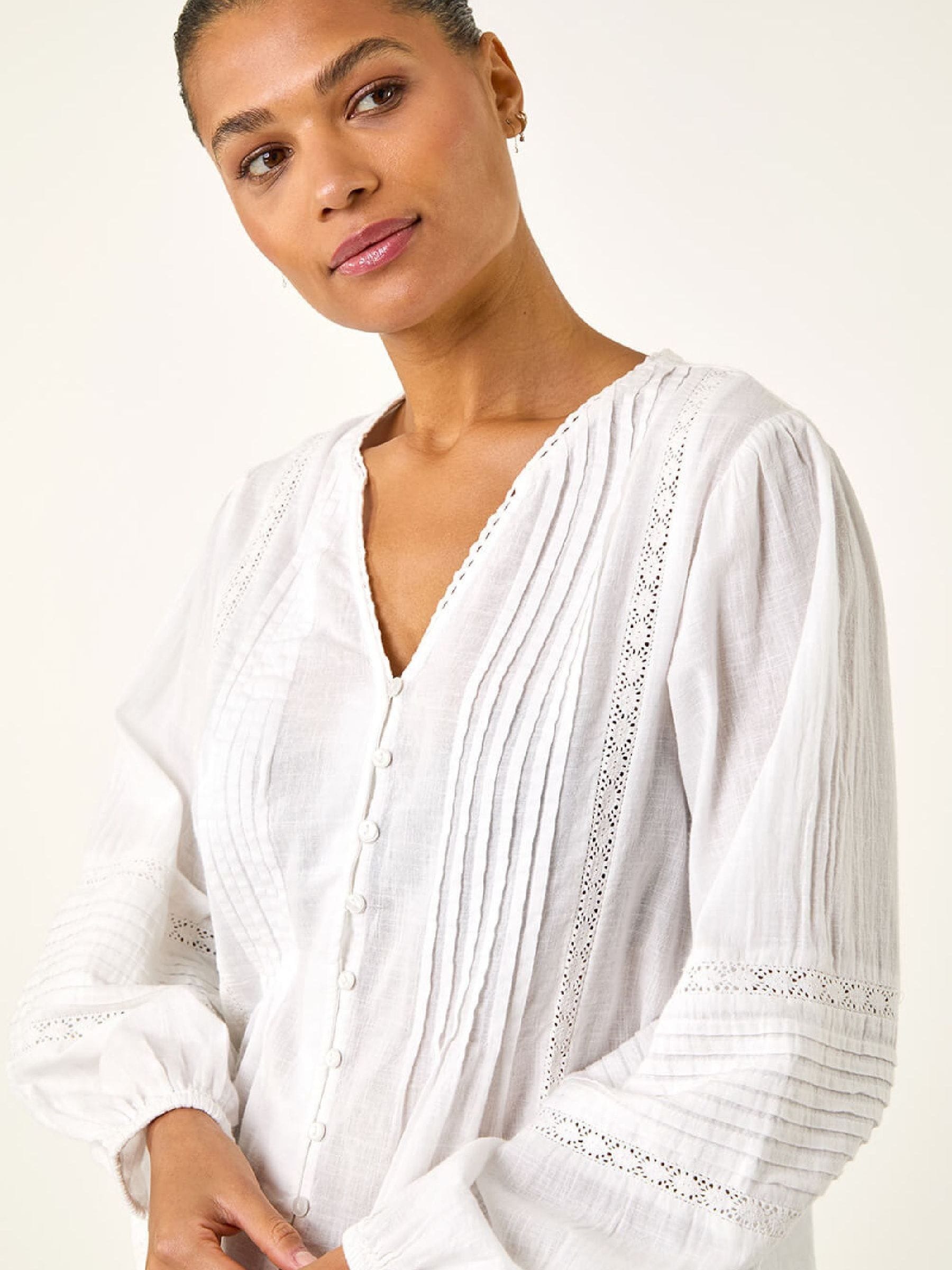 Buy Roman White Pleated V-Neck Cotton Blouse from the Next UK