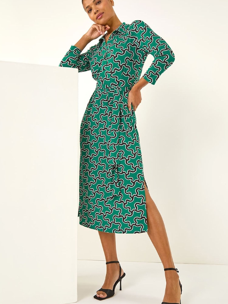 Roman Green Abstract Buttoned Shirt Dress - Image 1 of 5