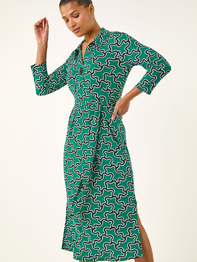 Roman Green Abstract Buttoned Shirt Dress - Image 2 of 5