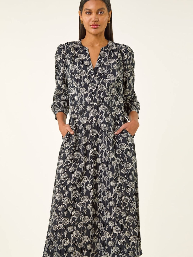 Roman Black Printed V-Neck Midi Dress - Image 4 of 4 Roman Black Printed V-Neck Midi Dress - Image 4 of 4