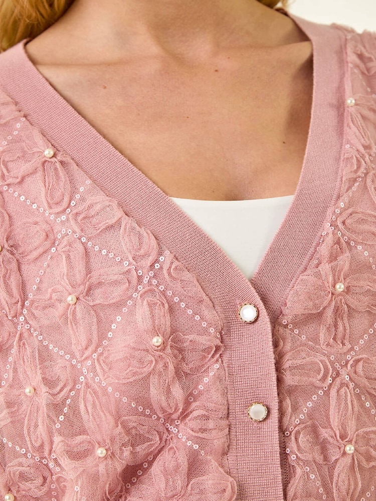 Roman Pink Floral Button V-Neck Knit Cardigan - Image 5 of 5 Roman Pink Floral Button V-Neck Knit Cardigan - Image 5 of 5