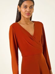 برتقالي - فستان متوسط الطول بجزء علوي ملفوف مع ربطة خصر من Roman - صورة 4 من 5